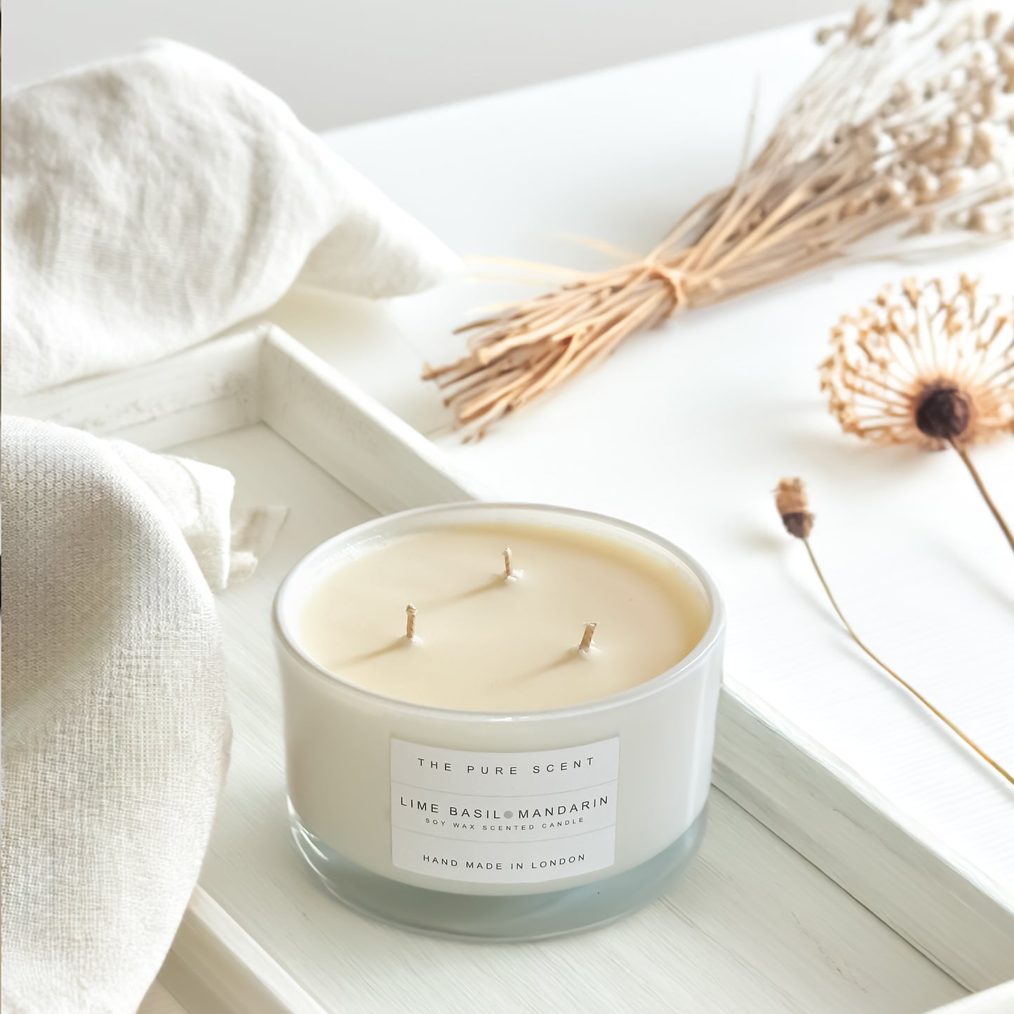 Large 3 Wick Soy Candle in Glossy White Glass
