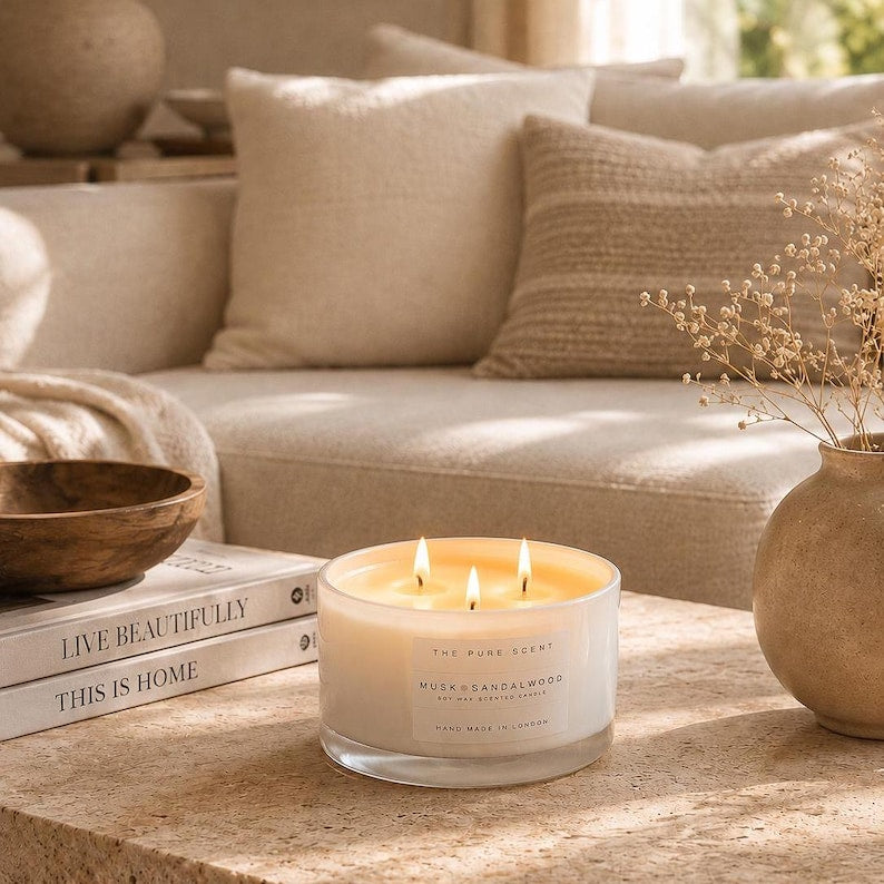 Large 3 Wick Soy Candle in Glossy White Glass